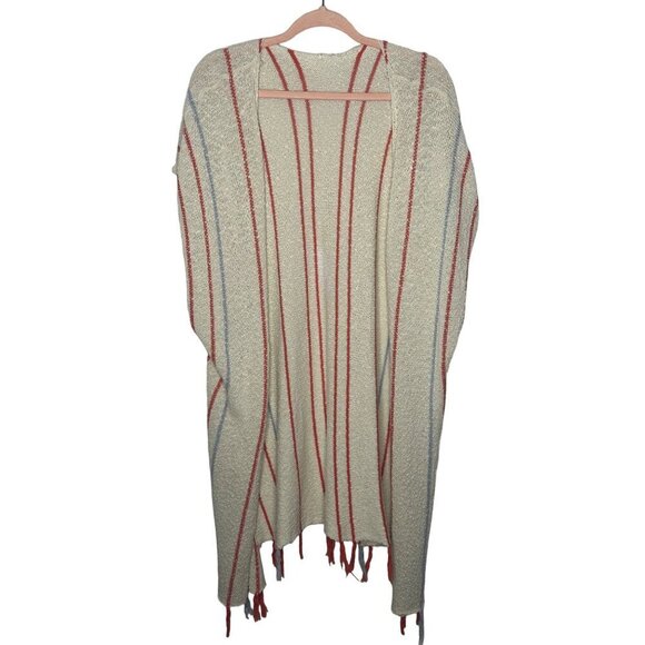 Women's cotton knit ivory stripe fringe boho duster cover up size s/m - Picture 3 of 9